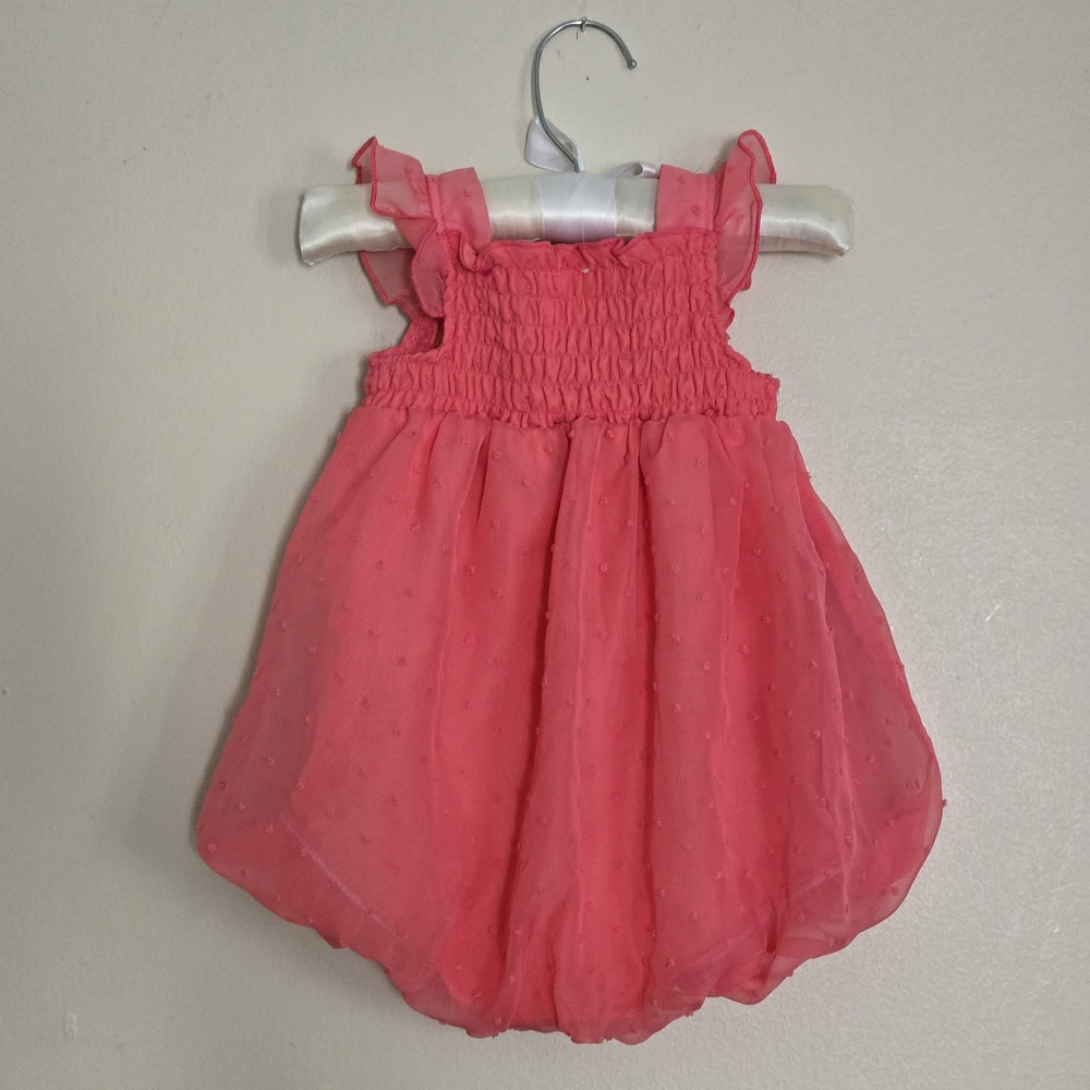 Coral Pink Baby Girl Romper with Flower Accent - Picture 2 of 3